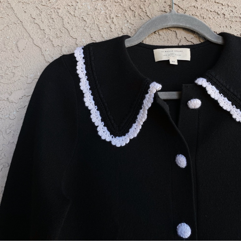 SEZANE BLOGGER Black White Fine Knit Bettany Cardigan Crochet Collared Sweater - Picture 7 of 16